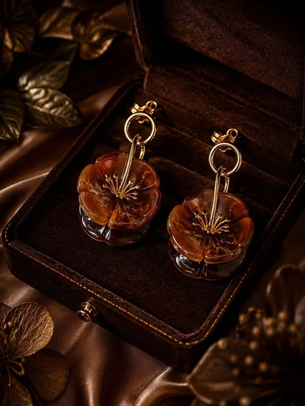 Amber Flower Drop Earrings with Gold Accents